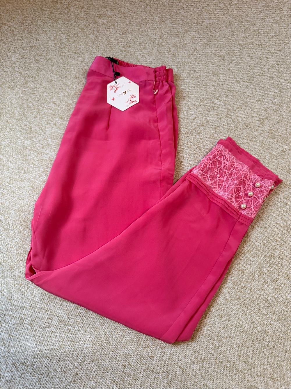 NWT | Pink Cigarette Pants with Embellished Lace Cuff Detail